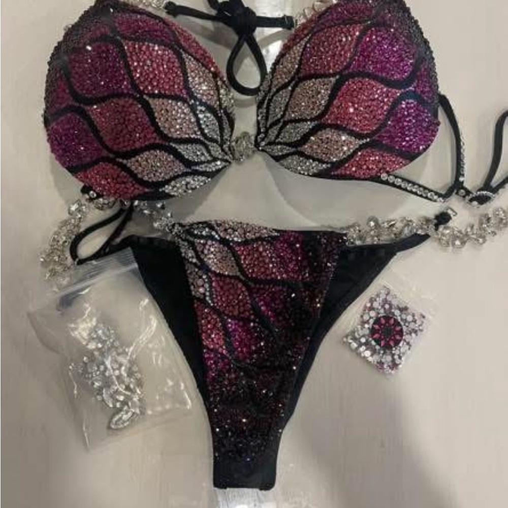Crystal Embellished Pink and Black Bikini Set